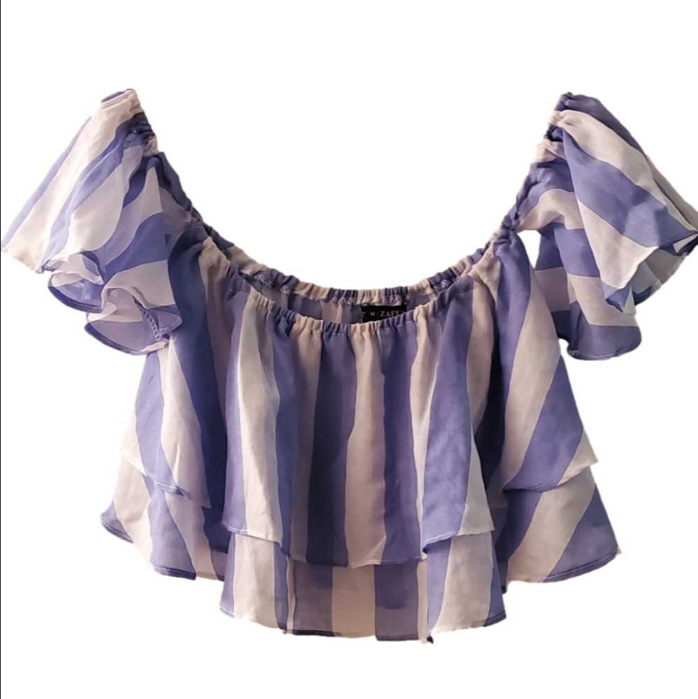 Flowy Off The Shoulder Crop Top Blue/Purple And White Stripes